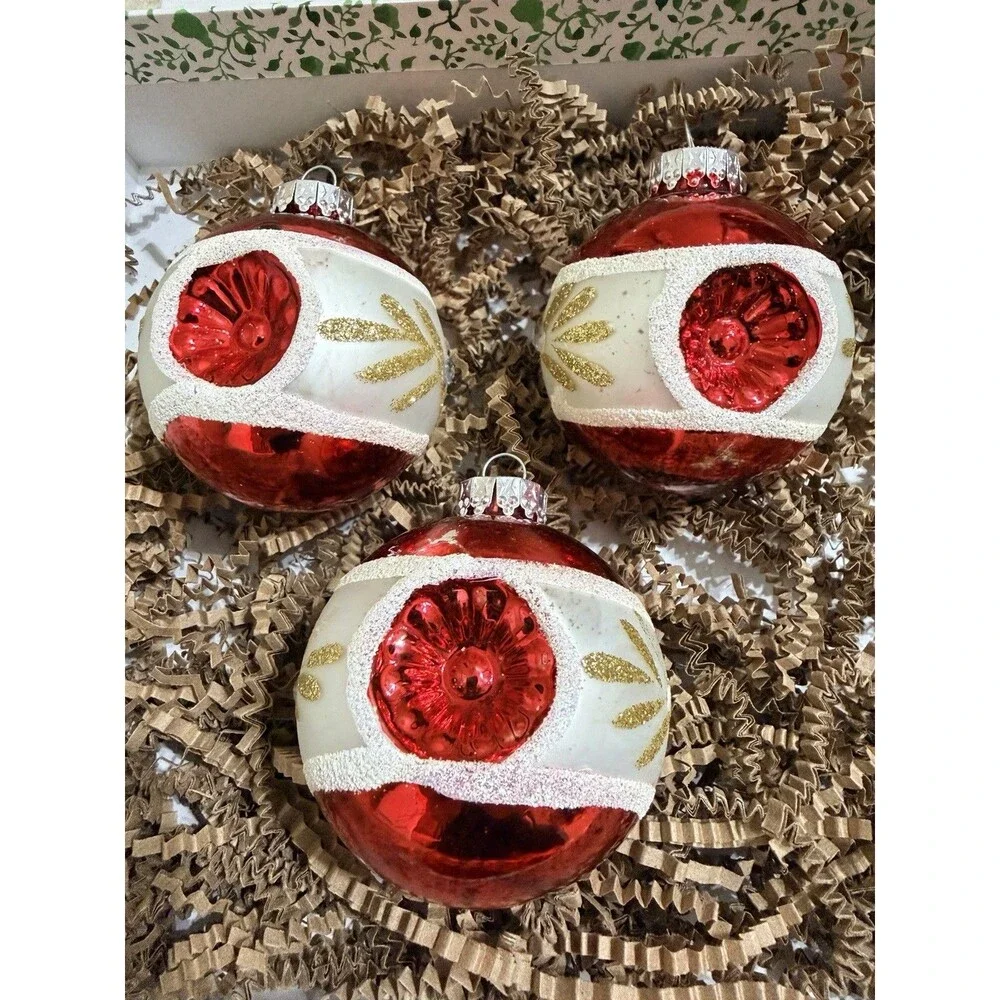 Vtg G&D Reflector Blown Glass Christmas Ornaments 3” Red White & Gold Set Of 3
